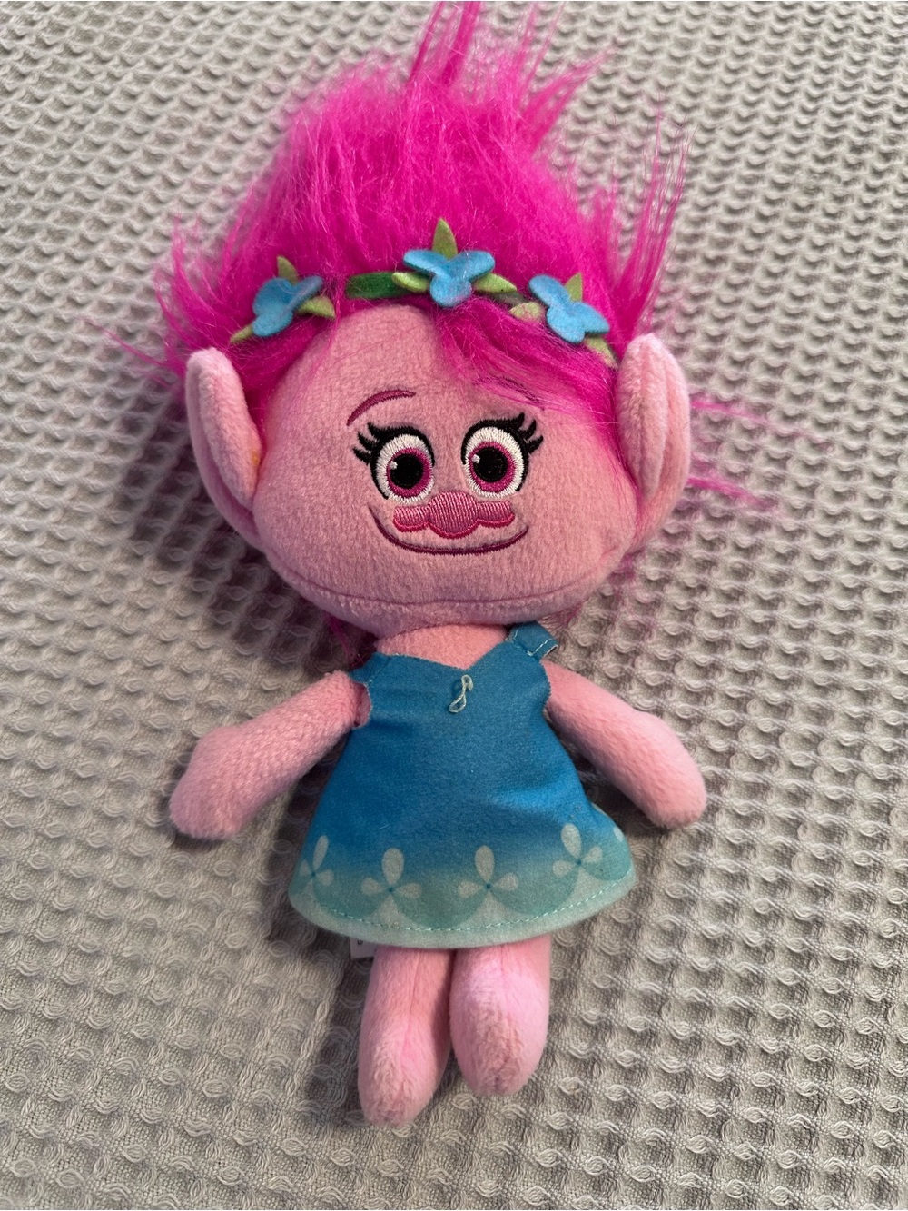Poppy Pink Plush Troll Doll with Blue Dress - Cute Floral Headband